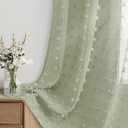 Sage Green Sheer Curtains 54 Inches Long for Living Room Bedroom Boho Pom Pom Curtains 2 Panels Set, Back Tab Rod Pocke Curtain Easy to Install Semi Sheer Modern Aesthetic Drape,52x54