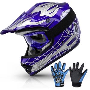 TCMT Youth Dirt Bike Helmet DOT Certified - Kids Full Face Motocross ATV Helmet with Goggles, Gloves and Helmet Bag for Off-Road, BMX, MX, Street Riding (Blue) Youth XL