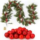 6.5 FT Christmas Garland with Pinecones, 24 Red Xmas Ornaments, 78.7inch LED Lights Without Battery for Christmas Home Bedroom Wedding Party Mantle Table Centerpiece Decoration