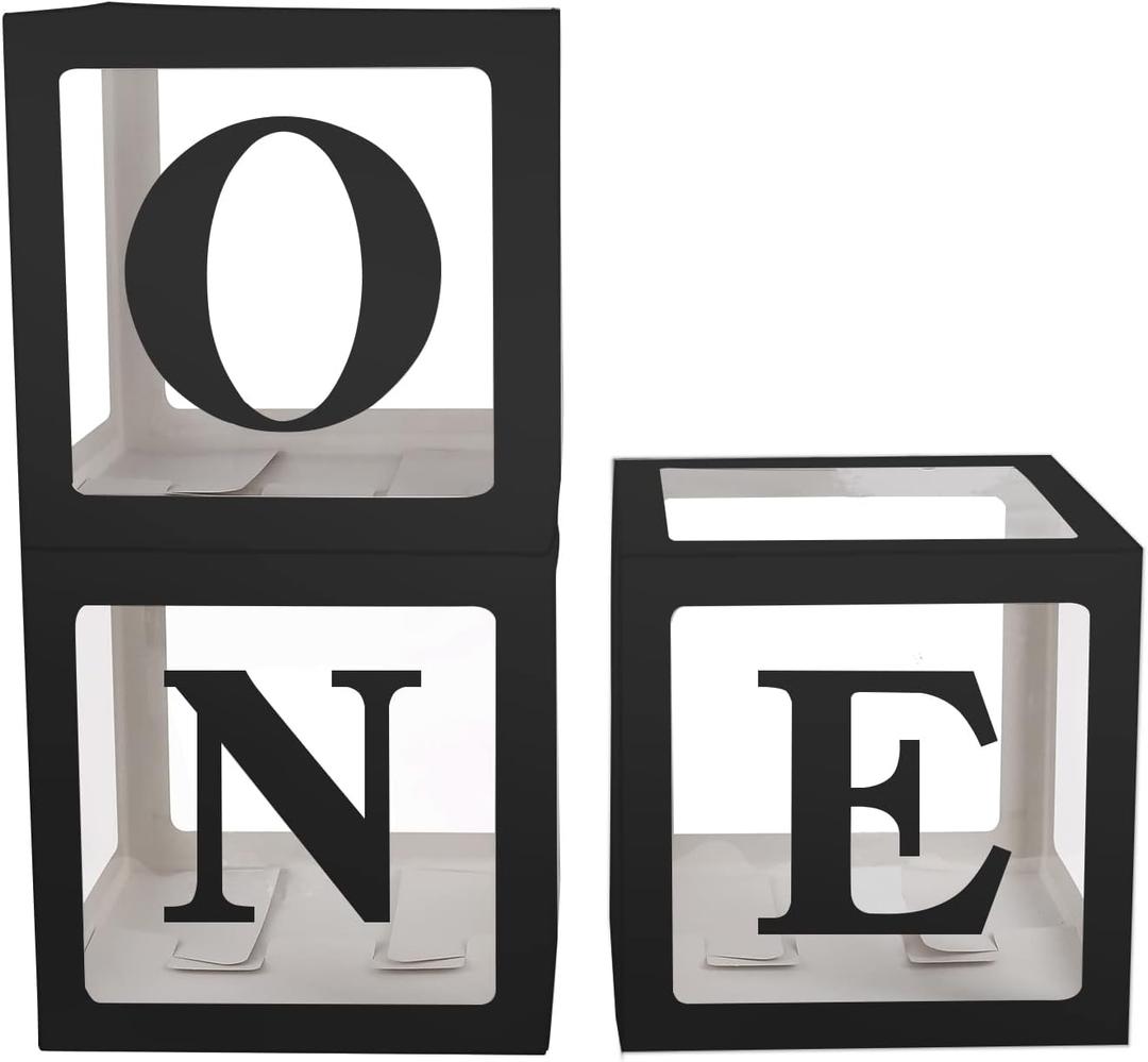 Sooyee First Birthday Decorations for Girl or Boy,3 Pcs ONE Balloon Boxes For 1st Birthday Girl Decoration,Baby Cube Blocks Party Decor With ONE Letters,Black