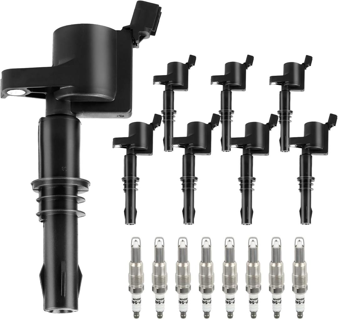 Ignition Coil Pack & Spark Plugs Replacement for 5.4 V8 2004 2005 2006 2007 2008 Ford Lincoln Expedition F150 F250 Super Duty Expedition Explorer Mustang 5.4L, FD508 DG511, Black Boot, Pack of 8