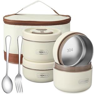 Dandat 4 Pcs Insulated Bento Box Portable Stainless Steel Food Container Round Stackable Leakproof Thermal Food Container for Adult Men Women with Insulated Bag, 74 oz(Beige)