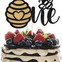 Pack Of 5 One Cake Topper, 1st Year Old Baby Birthday Cake Decor, Bee Theme Baby Shower Decorations, Boy/Girl First Birthday Party Decoration, Black Glitter