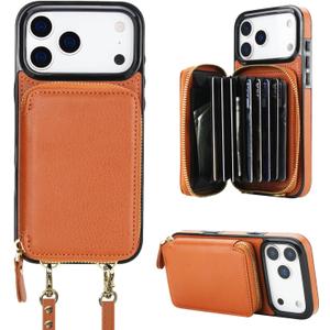 Bocasal Crossbody Wallet Case for iPhone 17 Pro Max, RFID Blocking Leather Purse Case with Card Holder, Protective Handbag Flip Cover with Zipper Wrist Strap Lanyard for Women 5G 6.9 Inch (Brown)