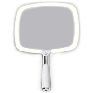 MIRRORVANA Lighted Travel Hand Mirror with Comfy Handle and Detachable Stand - Portable, Thin and Lightweight Design - Rechargeable with 3 LED Light Settings - 9" x 13" (White)