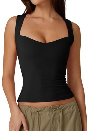 QINSEN Women's Sleeveless Top Sexy Sweetheart Neck T Shirts Belly Hide Cropped Tee Top M Black