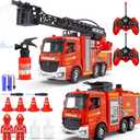 Remote Control Fire Truck, RC Fire Truck Toy Set, 2 Firetruck with Fire Extinguisher, 2 Dolls, 4 Traffic Cones, Lights, Sounds, Extendable Rescue Ladder, Firetruck Toy for Boys Kids
