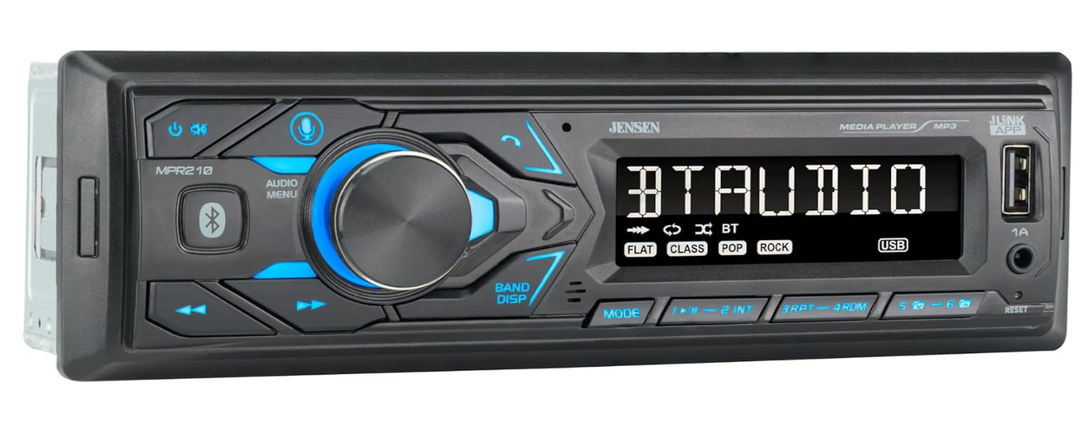 Jensen MPR210 Single DIN Bluetooth Car Stereo, Hands-Free, AM/FM, USB
Bluetooth hands-free calling and streaming, push-to-talk assistant, USB playback and charging