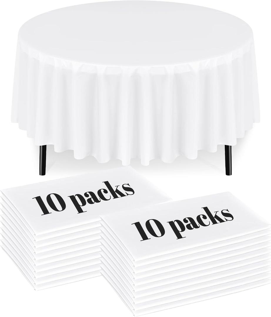 20 Pack White Plastic Table Cloth Disposable for Round Tables, 96 Inch Round Disposable Plastic Tablecloth for Parties, Picnic, Birthday, Wedding, Indoors, Outdoor, Table Cover