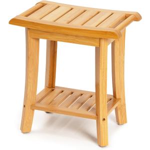 Unibambou Bamboo Shower Bench Inside Shower Stool with Storage Shelf, Spa Bath Chair for Bathroom, Seat or Organizer for Living Room, Bedroom and Garden - Great for All Ages Elderly (Small, Natural)