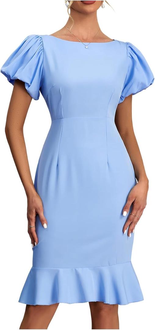 Women's Puff Short Sleeve Dress Crew Neck Ruffle Hem Going Out Knee Length Dresses (Blue, L)