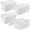 Dicunoy 4 Pack Lidded Storage Bins with Lids, White Stackable Storage Baskets for Shelf, Plastic Pantry Organizer with Handle for Home, RV, Lockers, Classrooms, School, Toys, 11" x 7" x 5"