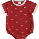 Adobabirl Baby Girl Outfit Newborn Bow Bubble Romper Short Sleeve Waffle Jumpsuit Shirt Infant Cute Summer Clothes (Red, 0-3 Months)