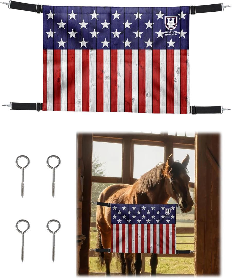 Harrison Howard Horse Stall Guard with Adjustable Straps and Sturdy Spring Hooks Included Aisle Guard Stall Guard for Horses,US Flag Harrison Howard Horse Stall Guard with Adjustable Straps and Sturdy Spring Hooks Included Aisle Guard Stall Guard for Horses,US Flag