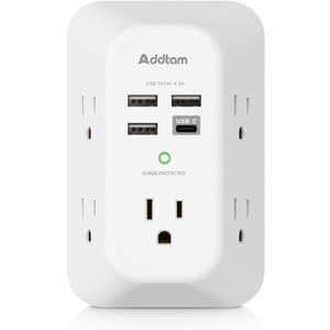 Addtam USB Wall Charger Surge Protector 5 Outlet Extender with 4 USB Charging Ports (1 USB C Outlet) 3 Sided 1800J Power Strip Multi Plug Outlets Wall Adapter Spaced for Home Travel Office ETL Listed (White)