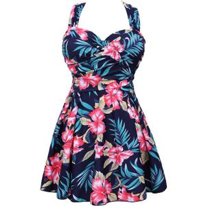 COCOPEAR Women's Elegant Crossover One Piece Swimdress Floral Skirted Swimsuit L