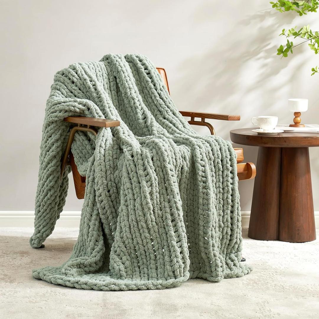 Amlie Home Chunky Knit Throw Blanket for Couch, Soft Chenille Crochet Blanket for Sofa, 50"x60", Sage Green