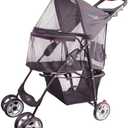 FOURPAW Full-Window pet Stroller 4 Wheels for Cats & Dogs, with Storage Basket,Cup Holder, Travel Puppy/Cats Stroller. Black/Brown