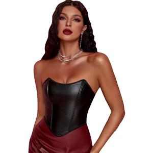 SOLY HUX Women's PU Leather Overbust Corset Bandana Tube Tops Lace up Strapless Boned Body Shaper Bustier (Large)