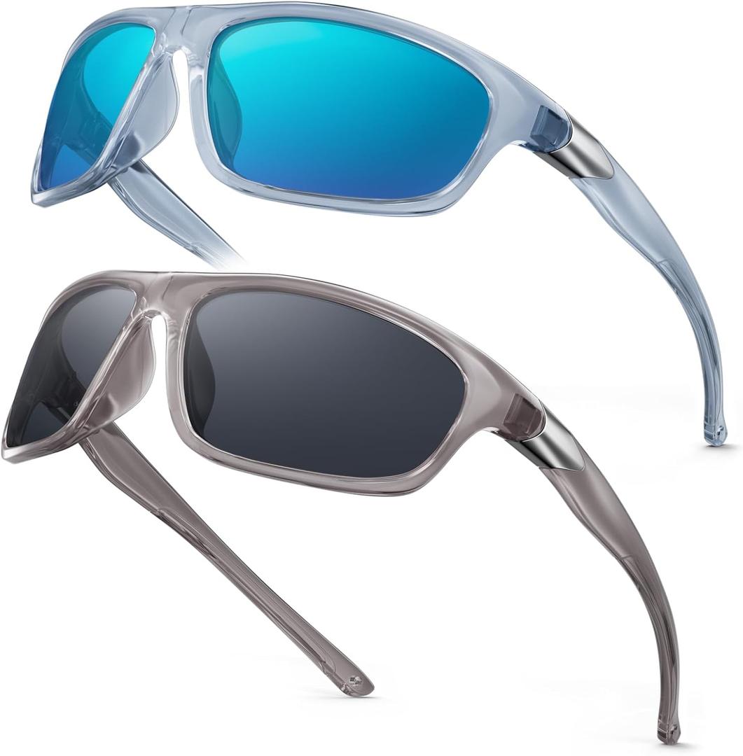 SKYOAK Scratch/Saltwater Resistant/Anti-stain Coating Polarized Lens Sports Sunglasses Men Women TR90 Wrap Around Sun Glasses (Blue Frame/Ocean Mirror + Grey Black Frame/Grey Lens)