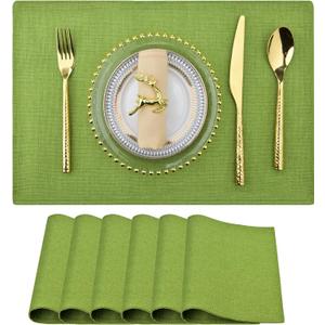 SLKQG Green Linen-Look Placemats Set of 6, Heat Resistant & Machine Washable Double-Layered Cloth Placemats for Dining Table, Indoor/Outdoor Use, Non-Slip Kitchen Table Mats (6, Green)
