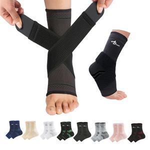 ABIRAM Ankle Compression Sleeve, Foot Sleeve (1 Pair) with strap, Ankle Brace for Sprained Foot, Ankle Support, Plantar Fasciitis Relief Socks, Achilles Tendonitis, Women & Men (Medium, Black)
