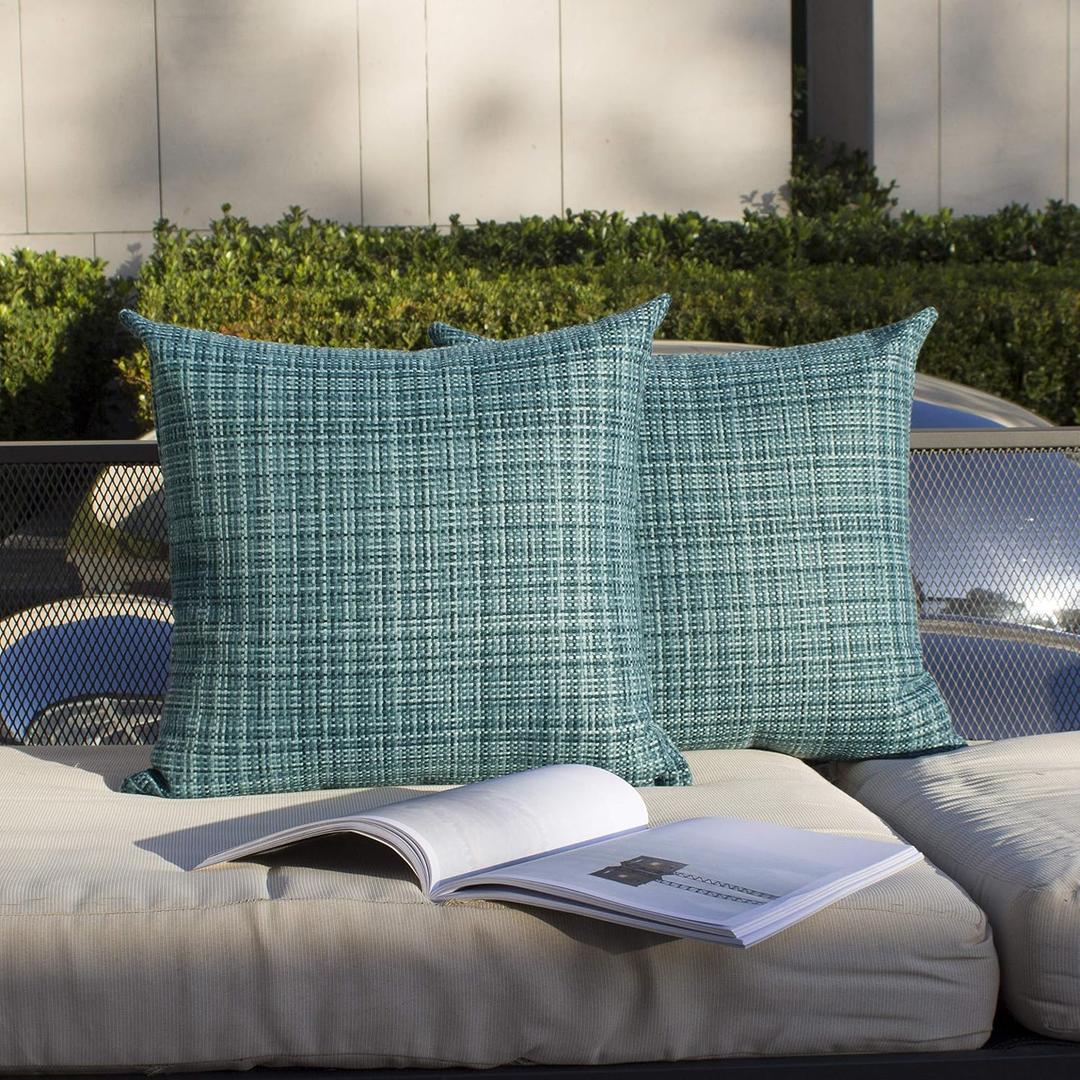 Kevin Textile Outdoor Waterproof Throw Pillow Covers 26x26 Inch Pack of 2 Woven Faux Linen Farmhouse Decorative Euro Shams Water Resistant Cushion Covers for Tent Patio Garden Couch Sofa Teal