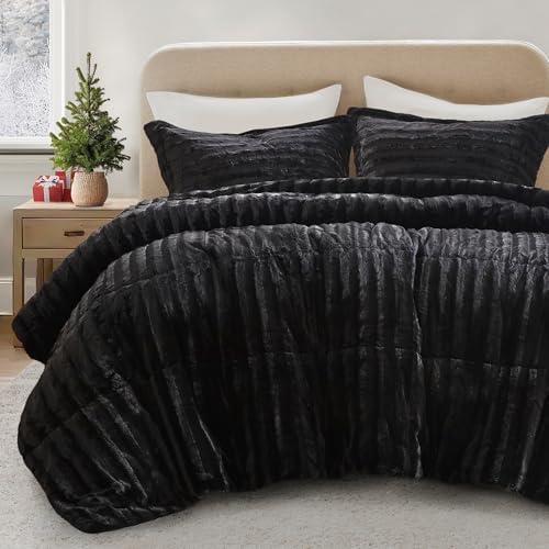 Madison Park Faux Fur Reversible Comforter Set, Down Alternative Filling, Modern Quilted Bedding Black