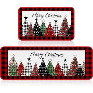 Ceenna Christmas Kitchen Rugs Set of 2 Merry Christmas Kitchen Floor Mats Xmas Decor Non Slip Holiday Kitchen Rug Buffalo Plaid Christmas Kitchen Decor for Home 17" x 29" and 17" x 47" (Red)