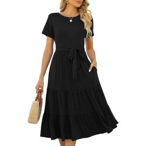Lyrur Women's Dresses Casual Summer Tiered Midi Dress Short Sleeve Belted Ruffle Babydoll Boho Sundress with Pockets (Large, Black)