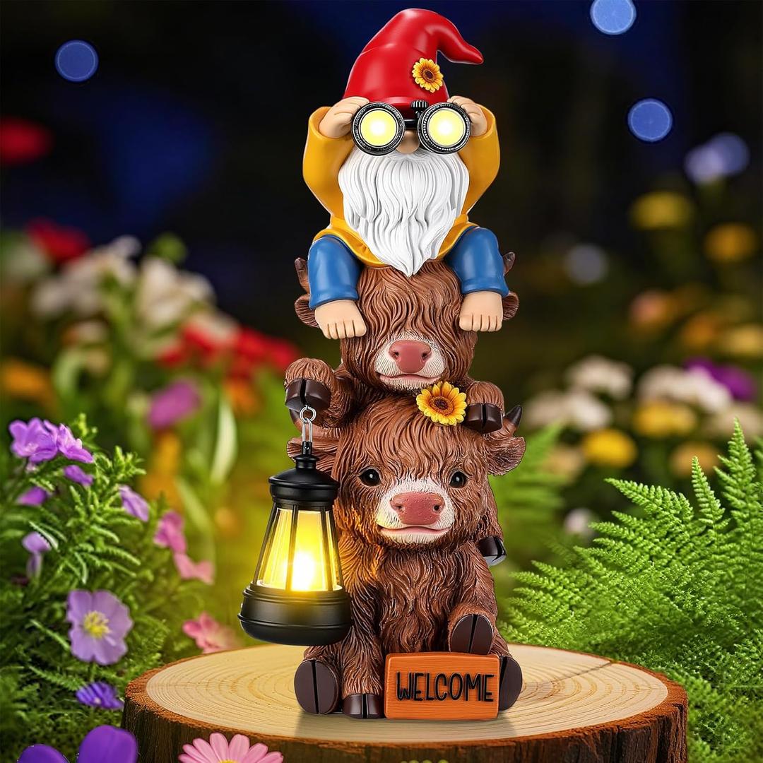 Gerrii Solar Highland Cow Gnome Outdoor Spring Garden Statue with Lighted Lantern 11" Resin Highland Cow Welcome Sign Outdoor Yard Waterproof Gift for Women Mom Holiday Patio Lawn Ornaments