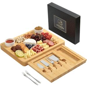 Bamboo Cheese Board Set - Charcuterie Boards and Serving Meat Platter, Cheese Tray with 4 Stainless Steel, 1 Drawers, Cheese Knives Cutting Board Platter, Ideal for Halloween, Wedding, Christmas Gifts