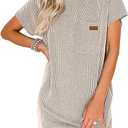 Acelitt Women's Casual Summer Dresses 2025 Fashion Crewneck Short Sleeve Trendy Loose Vacation Beach Ribbed Shift Mini T Shirt Dress Beige 2 Small