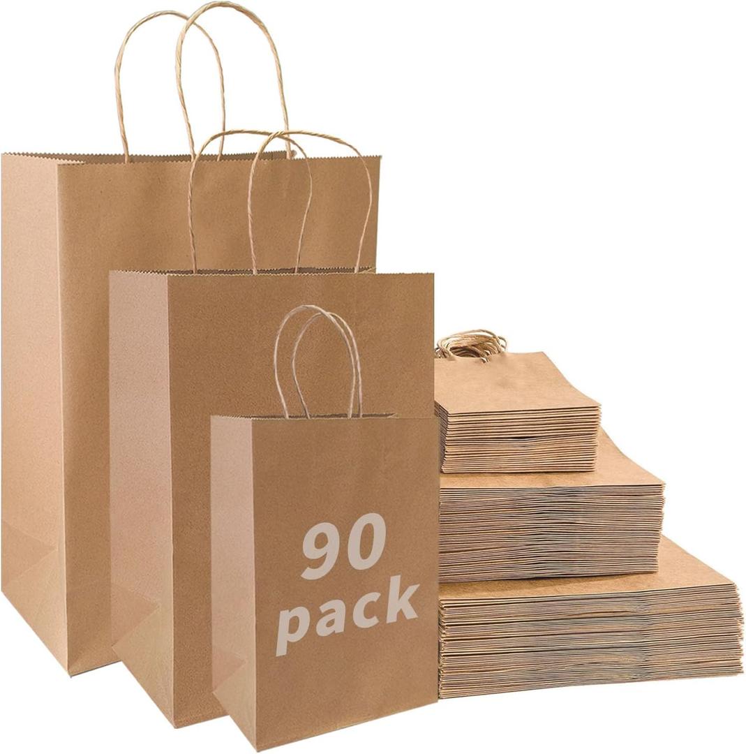 FACEBAG 90-Pack Brown Kraft Paper Bags with Handles Bulk, Assorted Sizes Gift, BagsGroceryRetailPartyBirthdayShoppingBusinessGoodyCraftMerchandise Take Out Sacks
