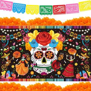 Day of The Dead Decorations Set, Ofrenda Decorations Include 2 PCS of 5 Feet Marigolds Flowers, Dia De Los Muertos Skull Backdrop 5x3 Ft and Papel Picado Banner for Indian Fiesta Mexican Home Decor