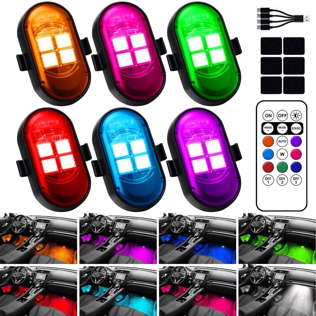 Upgraded Wireless LED Lights for Car, Rechargeable Interior Car Lights with 8 Colors Brightness Adjustable, 12H Battery Life, Remote Control, Mini Strobe Lights for Vehicle Motorcycle Bike Decor (6pcs)