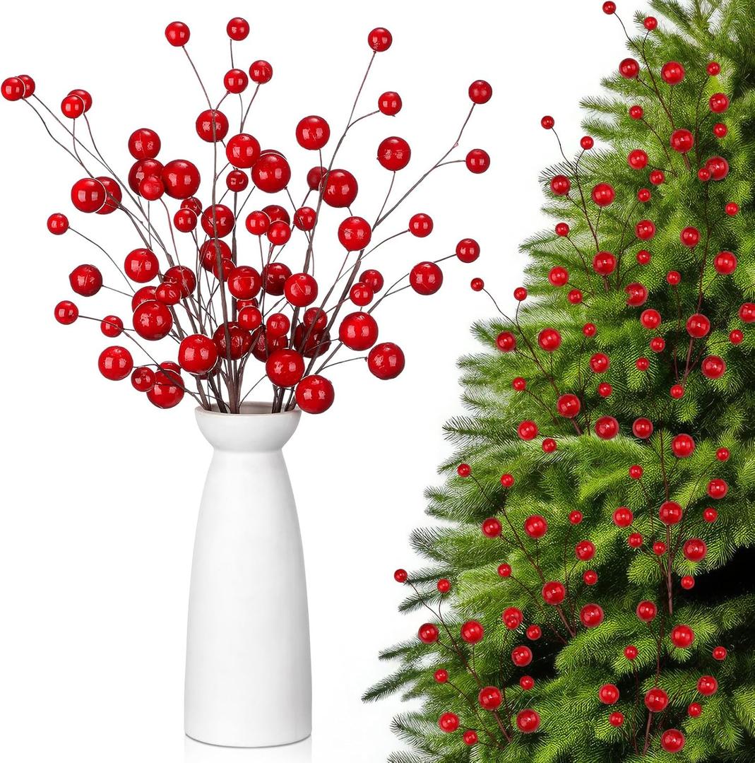 Civaner 6 Pcs 20 Inch Red Christmas Ball Pick Large Christmas Tree Picks Decorations Artificial Snowy Ball Berry Stems Branches for Xmas Tree Topper Floral Ornament Holiday Filler Vase Party Decor