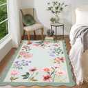 GarveeHome Floral Scalloped Washable Rugs 9x12, Non-Slip Low Pile Living Room Rugs 9x12, Soft Bedroom Rug Stain Resistance Boho Throw Rug with Rubber Back for Dining Room, Blue