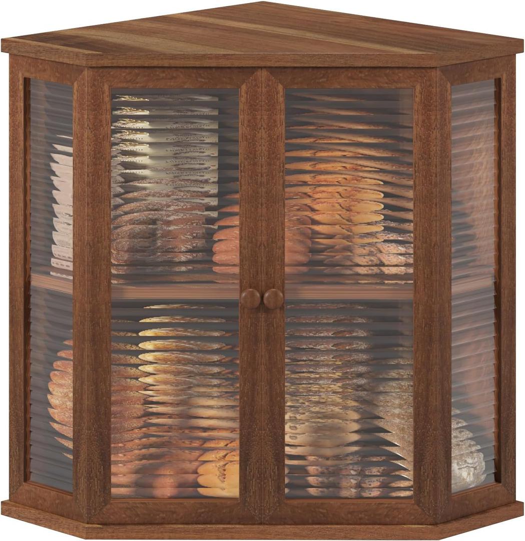 Extra Large Acacia Wood Corner Bread Box for Kitchen Countertop, 16.5 Inch Wooden Breadbox with Glass Wavy Door, Durable Grain Finish, Farmhouse Style Design (Acacia Wood)