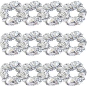 12 Pcs PU Leather Cheer Hair Scrunchies Gold Scrunchy School Performance Ponytail Holder Hair Accessories for Cheerleading Teen Girls College Sports (Silver) (Silver)