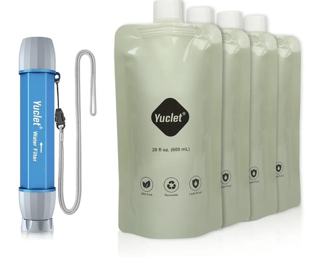 Yuclet Squeeze Water Filtration System with Four 20-Oz Squeeze Pouches and 0.1 Micron Filter Straw, Portable Water Purifier Survival for Camping, Hiking, Backpacking and Emergency Preparedness