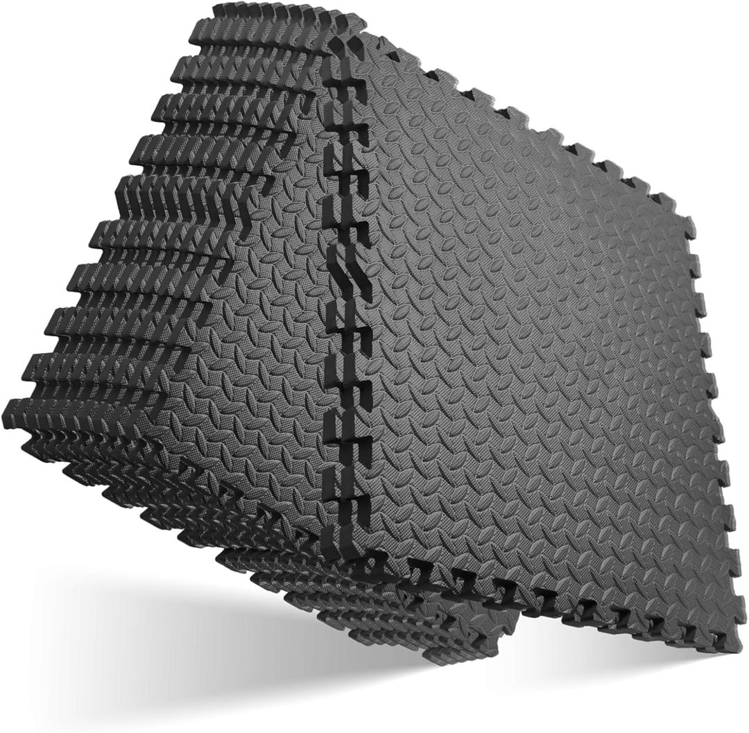 GWT Home Gym Flooring Tiles, EVA Interlocking Puzzle Exercise Mat for Workout Equipment, Floor Protection & Kids Play Area, Black Foam Tiles, 24"x24", 0.4 Inches Thick Covers 48 Sq Ft (12 Tiles)
