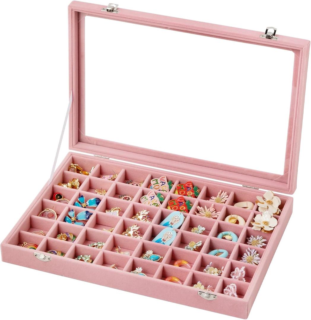 Frebeauty 48 Grid Jewelry Tray,Adjustable Earring Holder Organizer with Glass Lid,Velvet Drawer Jewelry Organizer for Rings,Studs,13.8 x 9.5 x 2 Inches Jewelry Display Box,Gift for Women(Pink)