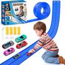 15Ft Flexible Race Car Track for Kids with Suction Cups Compatible with Hot Wheels and Diecast 1/64th Cars for Ages 3 & Up Blue Gray Orange Red Classic Long Rolls Up Portable Racetrack (Blue)
