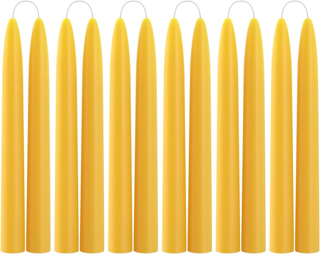 12 Pack 100% Pure Natural Beeswax Taper Candles, 8 Hours Long Burning Emergency Beeswax Candles Sticks, 8 inch Organic Bees Wax for Home, Prayer, Christmas, Party | Unscented, Smokeless, Dripless (Yellow)