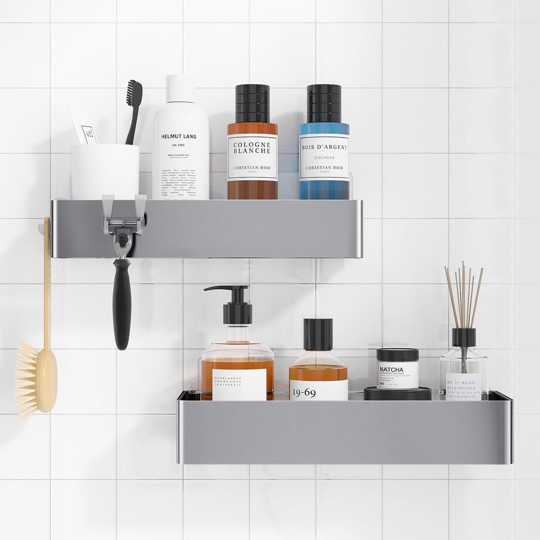 Kitsure Shower Caddy - 2 Pack Adhesive Shower Organizer, Rustproof Metal Shelves, No-Drill Bathroom Organizers and Storage, Silver Grey, Large
