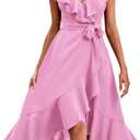 PRETTYGARDEN Women's Summer Wrap V Neck Split Party Dress Ruffle Short Sleeve Midi Dress with Belt Casual Long Dresses (Bright Pink, Small)