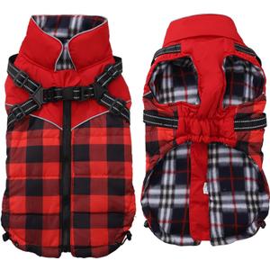 Dog Coat with Harness,Small Dog Winter Coat,Doggie Jackets with Built in Harness,Adjustable Warm Jacket for Medium Large Dogs,Pet Puppy Cold Weather Coats for Dogs Waterproof (PlaidRed, Medium)