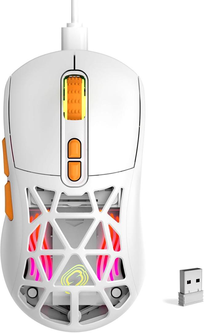 Wireless Gaming Mouse, Rechargeable&Rechange Shell,RGB Programmable Macro Mouse, Lightweight Mouse,10000 DPI,Tri-mode Wired/BT 5.0/2.4GHz Wireless Mouse Gaming with 2 Side Buttons (White Orange)