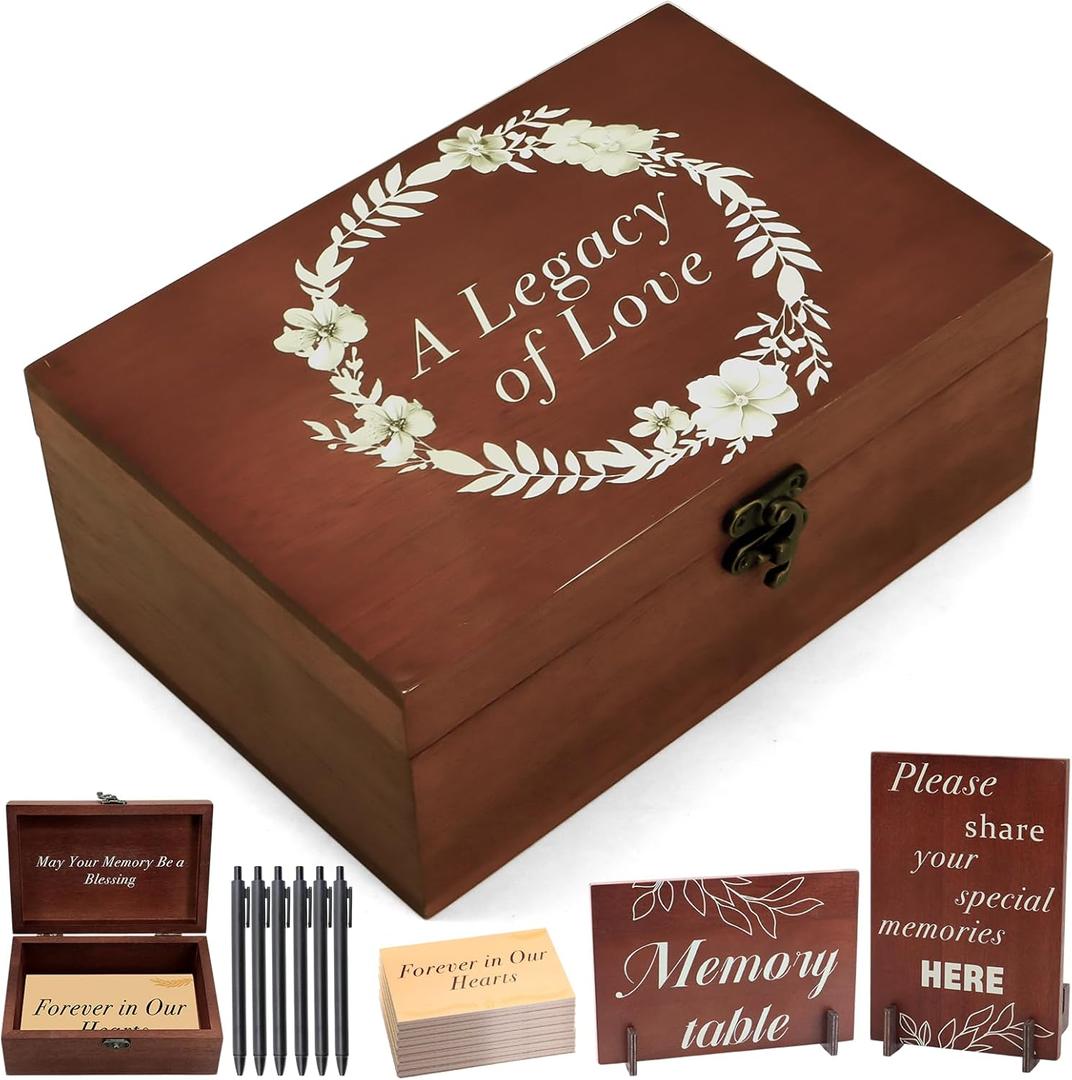 ZYNERY Wooden Memory Keepsake Box for Funeral,115pcs Celebration of Life Memory Cards Set Memorial A Legacy of Love Storage Box Decorative Gift for Burial AnniversaryForget-me-not